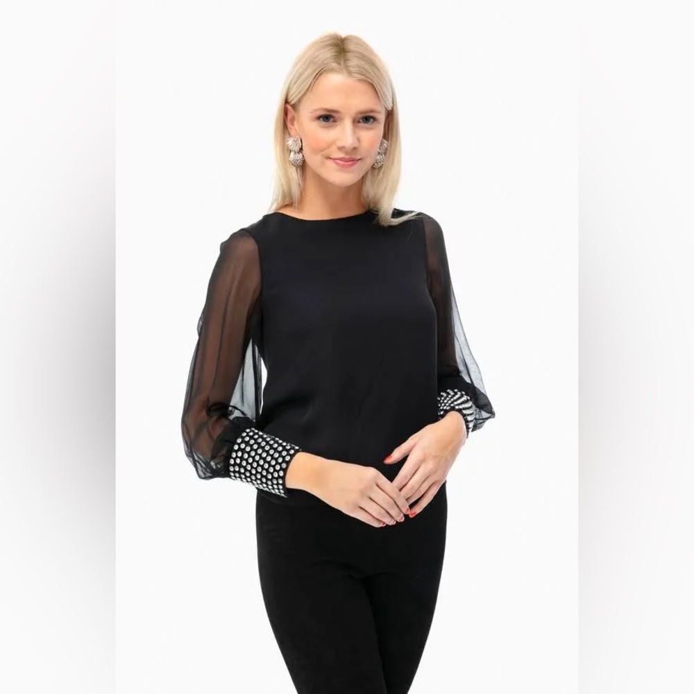 Alice + Olivia Jeweled Cuff Sheer Sleeve Blouse Small Black Holiday Party Glam